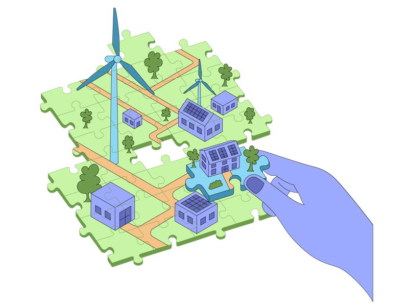 Illustration of a sustainable, wind-powered city made of puzzle pieces